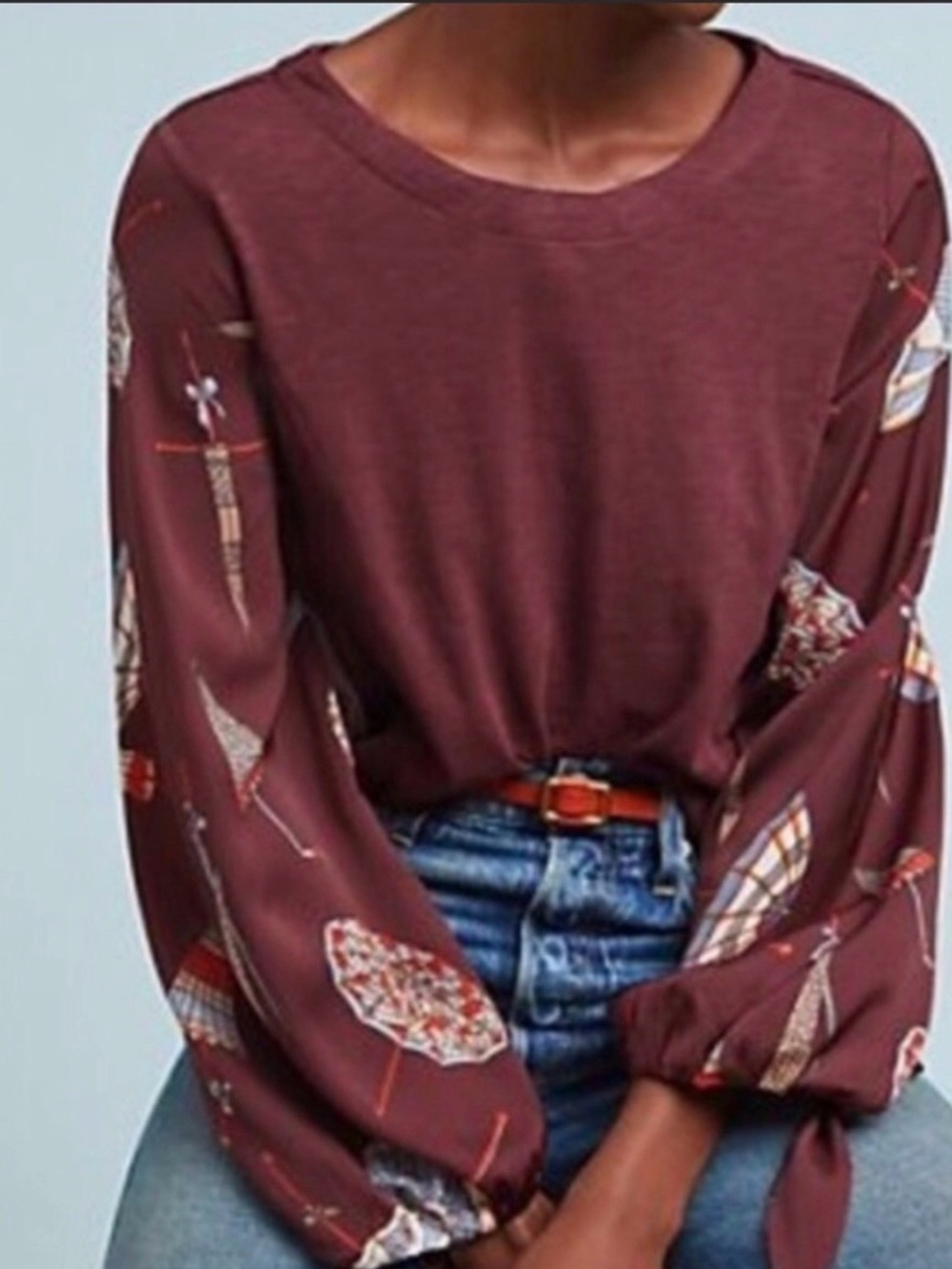 Anthropologie Akemi + Kin Maroon Balloon-Sleeve Blouse Umbrella Printed Sleeves
